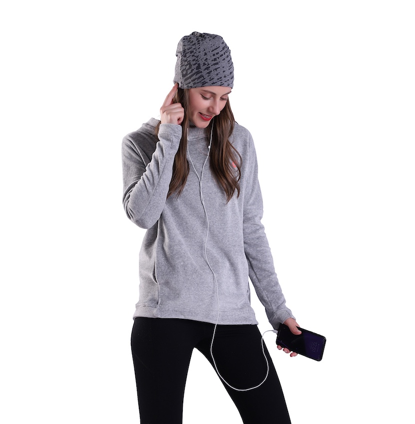 Women's Gray Athletic Pullover Hoodie Performance High Cowl Neck Tech Velour Shirt