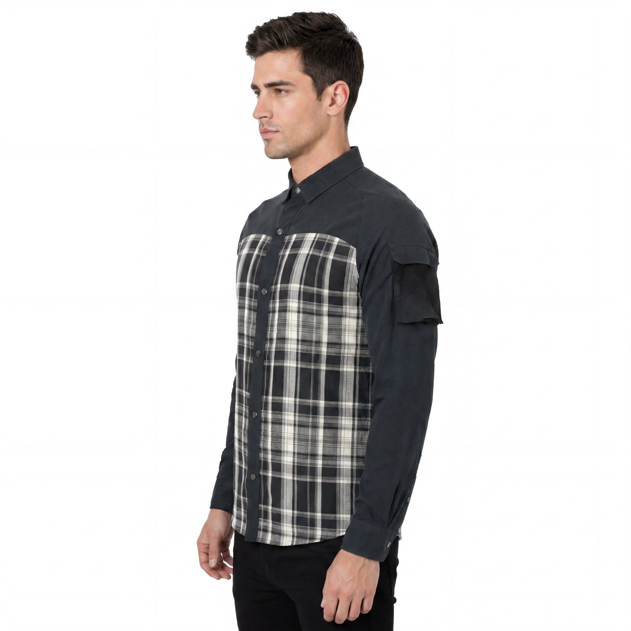 Mens Yarn Dyed Check Panel Reflective Sleeve Pocket Hiking Shirts