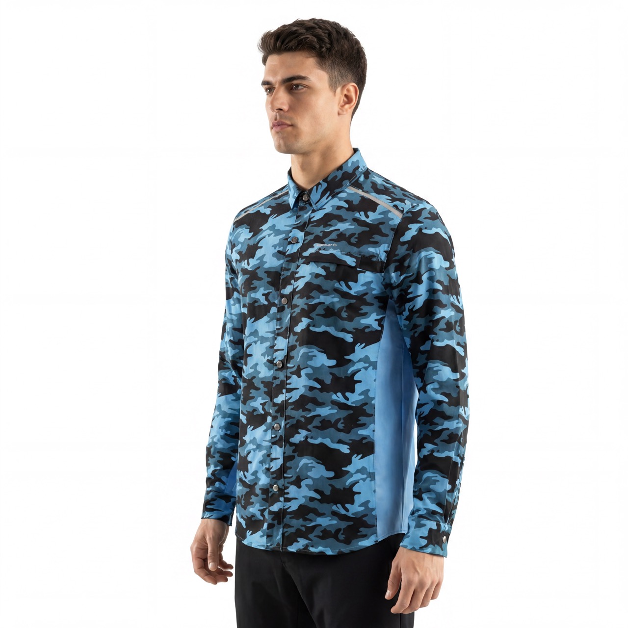 Mens Camouflage Print Color Blocked Zipper Pocket Hiking Shirt
