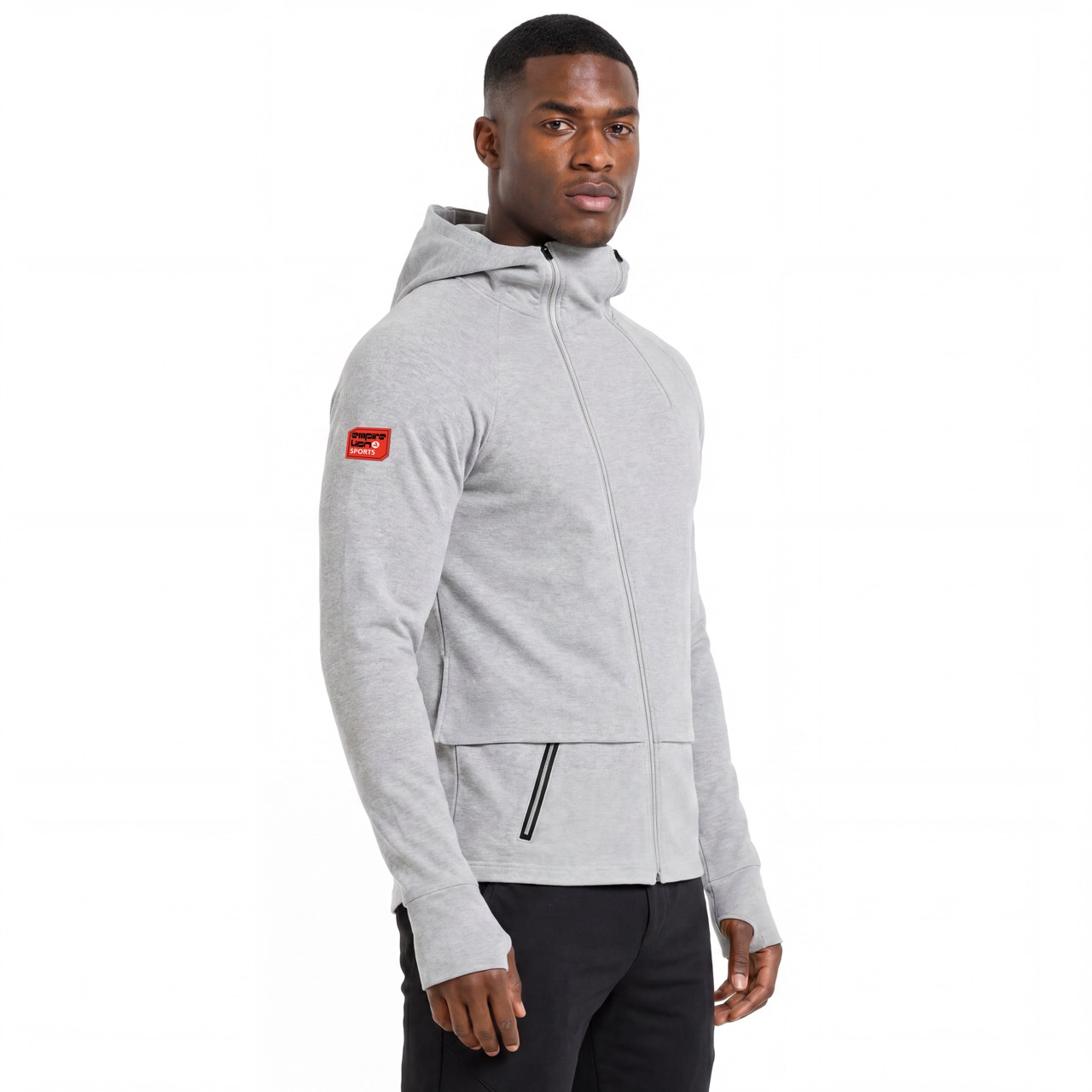 Mens Running Diagonal Placket High Collar Double Zip Raglan Sleeves Hoodie Jacket
