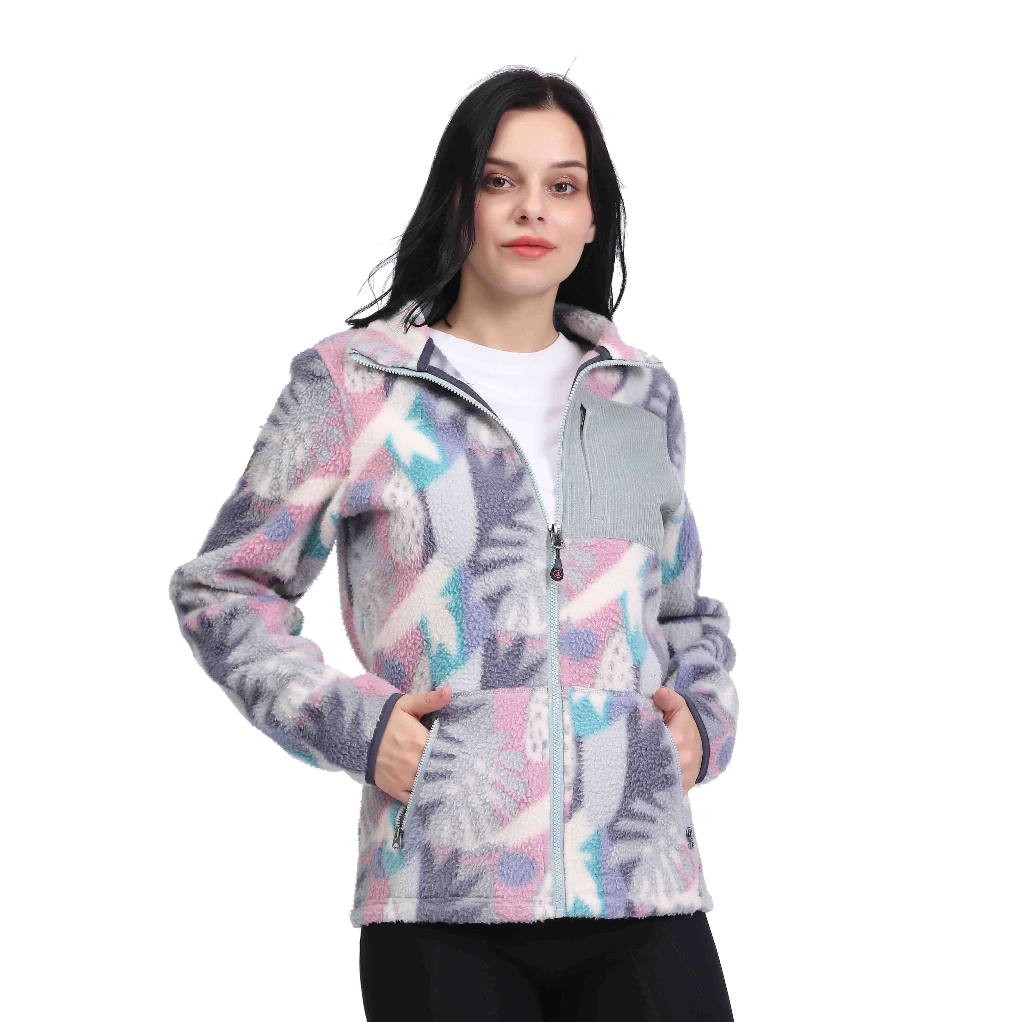 Women Flower Print Sherpa Fleece Corduroy Patch Pocket Jacket