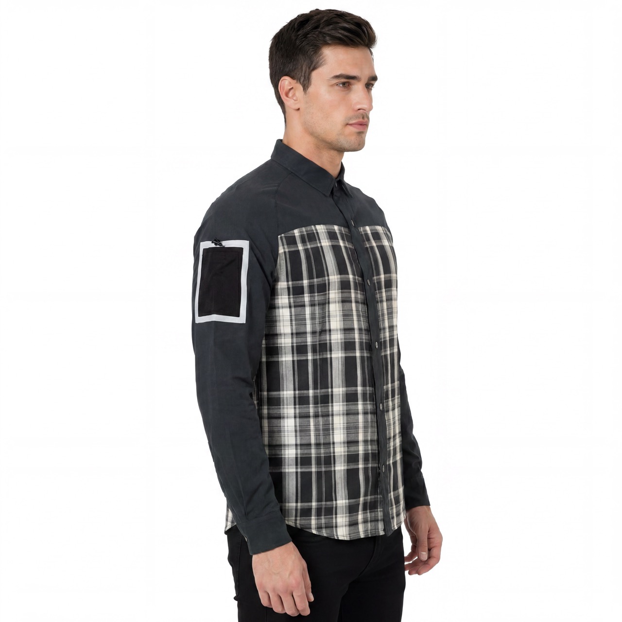 Mens Yarn Dyed Check Panel Reflective Sleeve Pocket Hiking Shirts