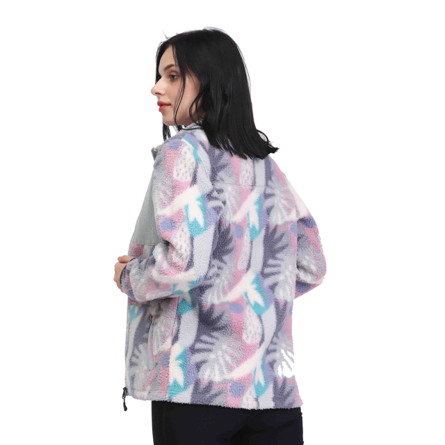 Women Flower Print Sherpa Fleece Corduroy Patch Pocket Jacket