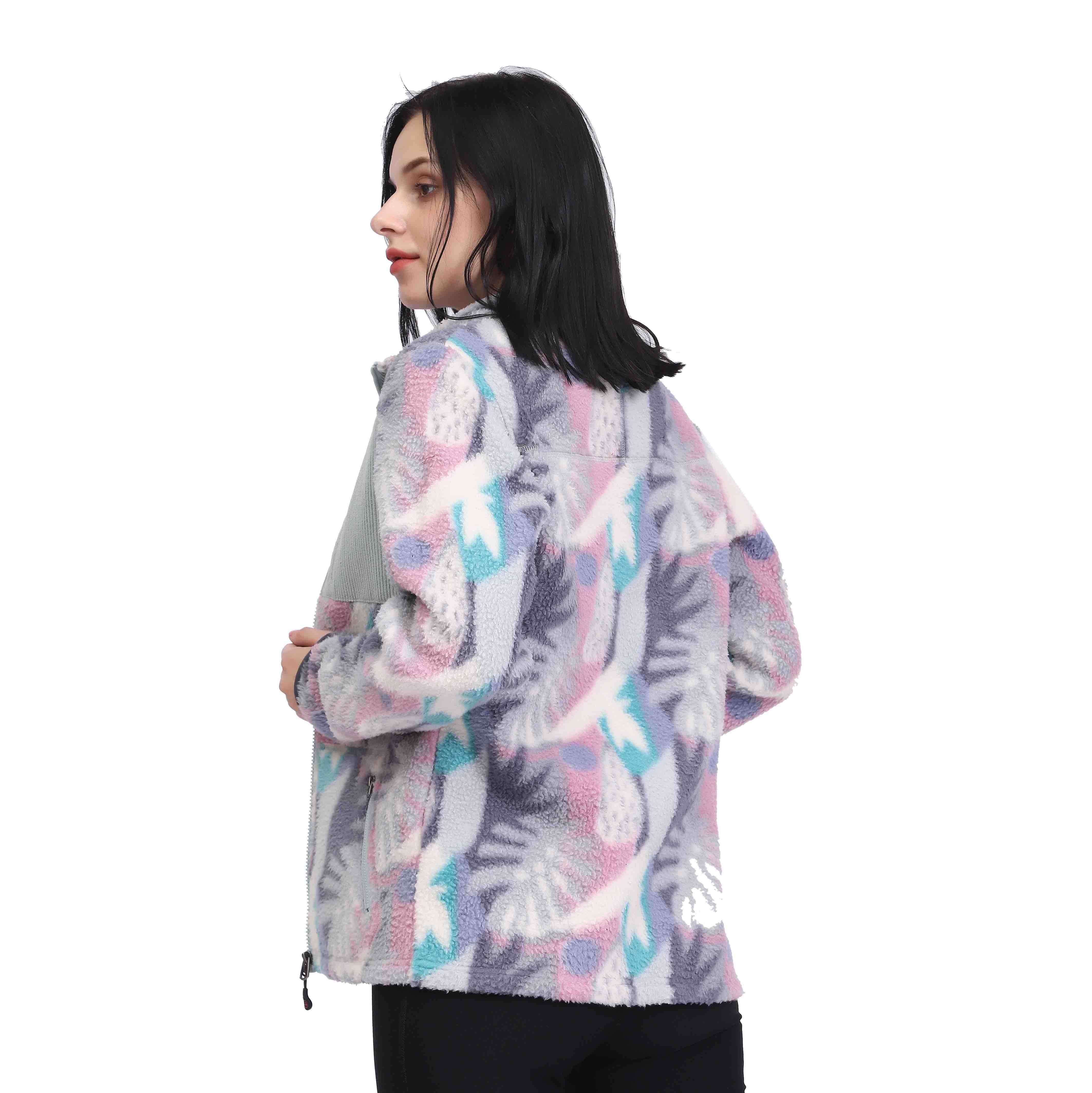 Women Flower Print Sherpa Fleece Corduroy Patch Pocket Jacket