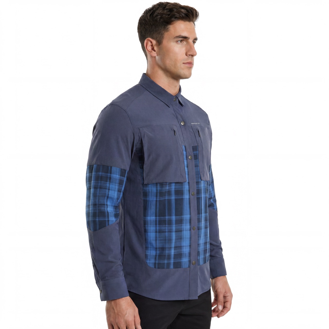 Mens Check Panel Zipper Patch Pockets Hiking Shirts