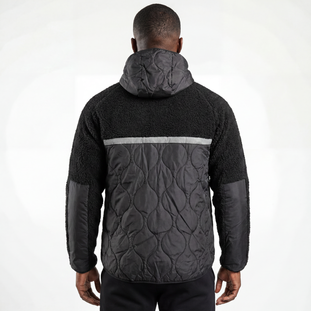 Mens Bonded Sherpa Quilting Panel Reflective Trim Winter Outdoor Hoodie Jacket
