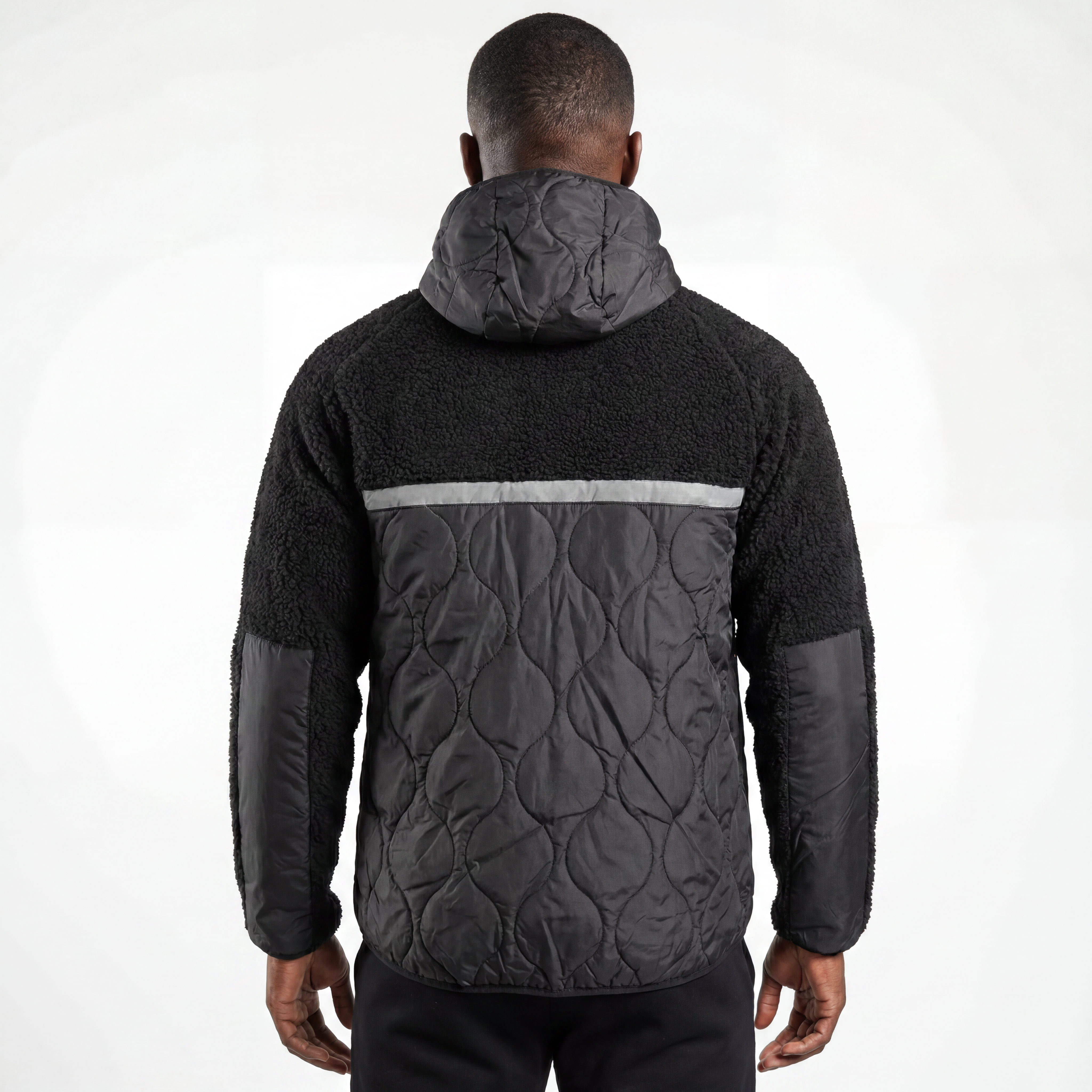 Mens Bonded Sherpa Quilting Panel Reflective Trim Winter Outdoor Hoodie Jacket