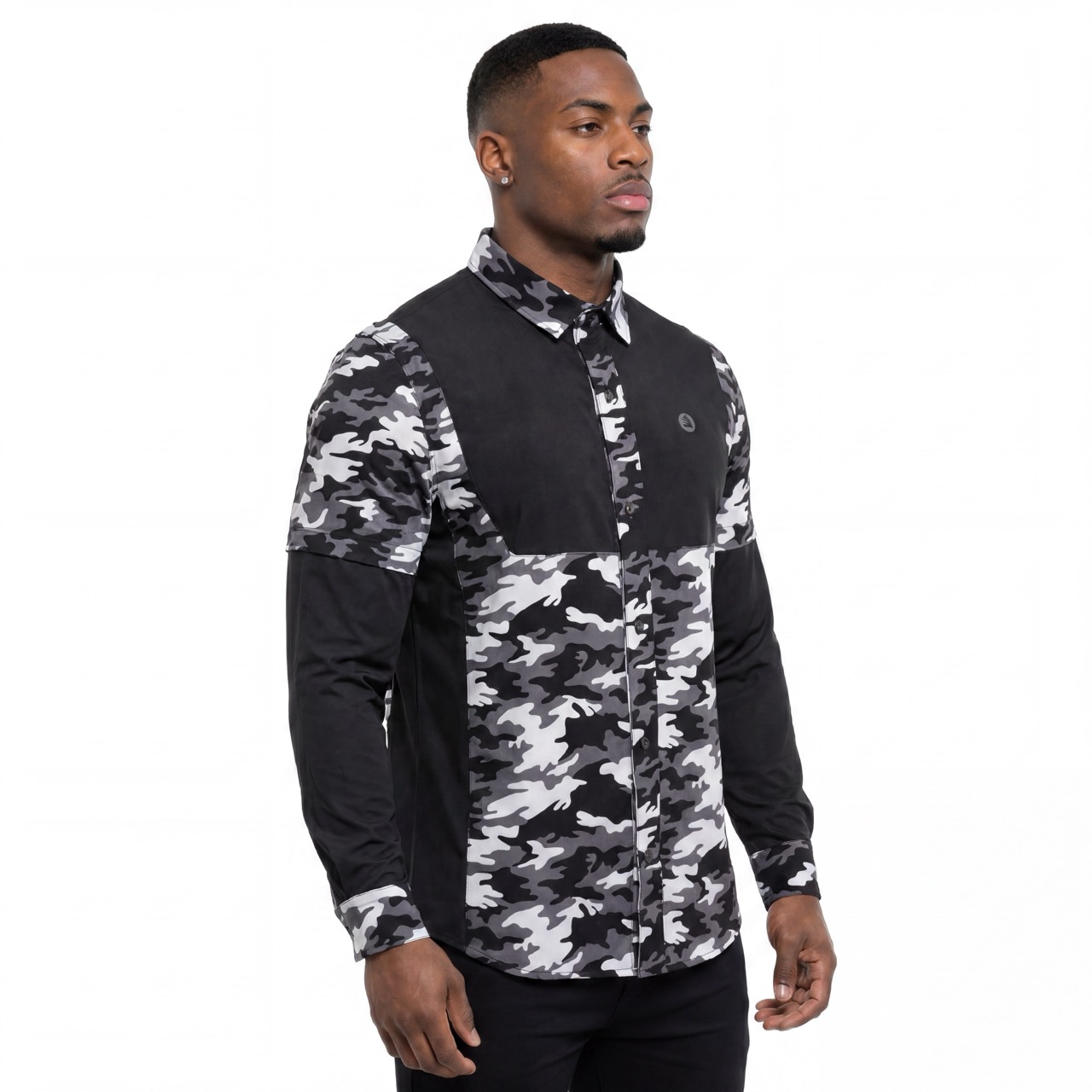 Mens Camouflage Print Color Blocked Laser Holes Yoke Double Sleeve Trekking Shirt