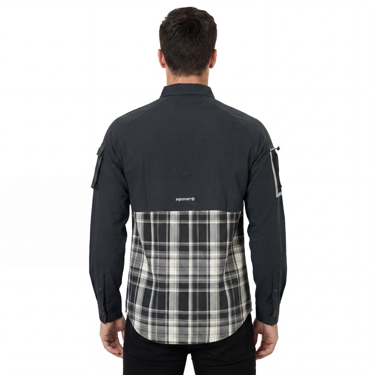 Mens Yarn Dyed Check Panel Reflective Sleeve Pocket Hiking Shirts