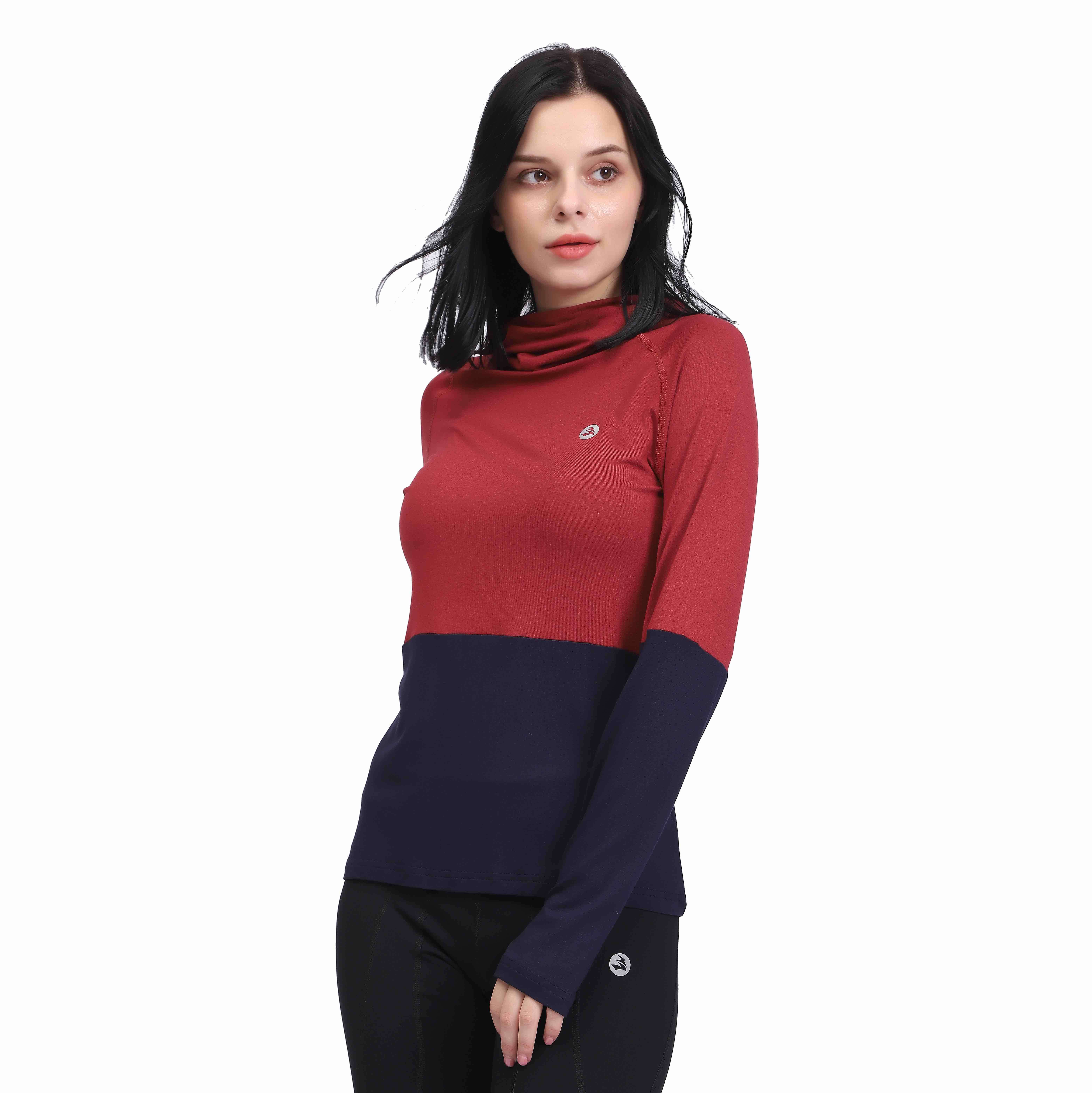 Women Cowl Neck Thumb Holes Long Sleeve Color Block Pullover Hoodie