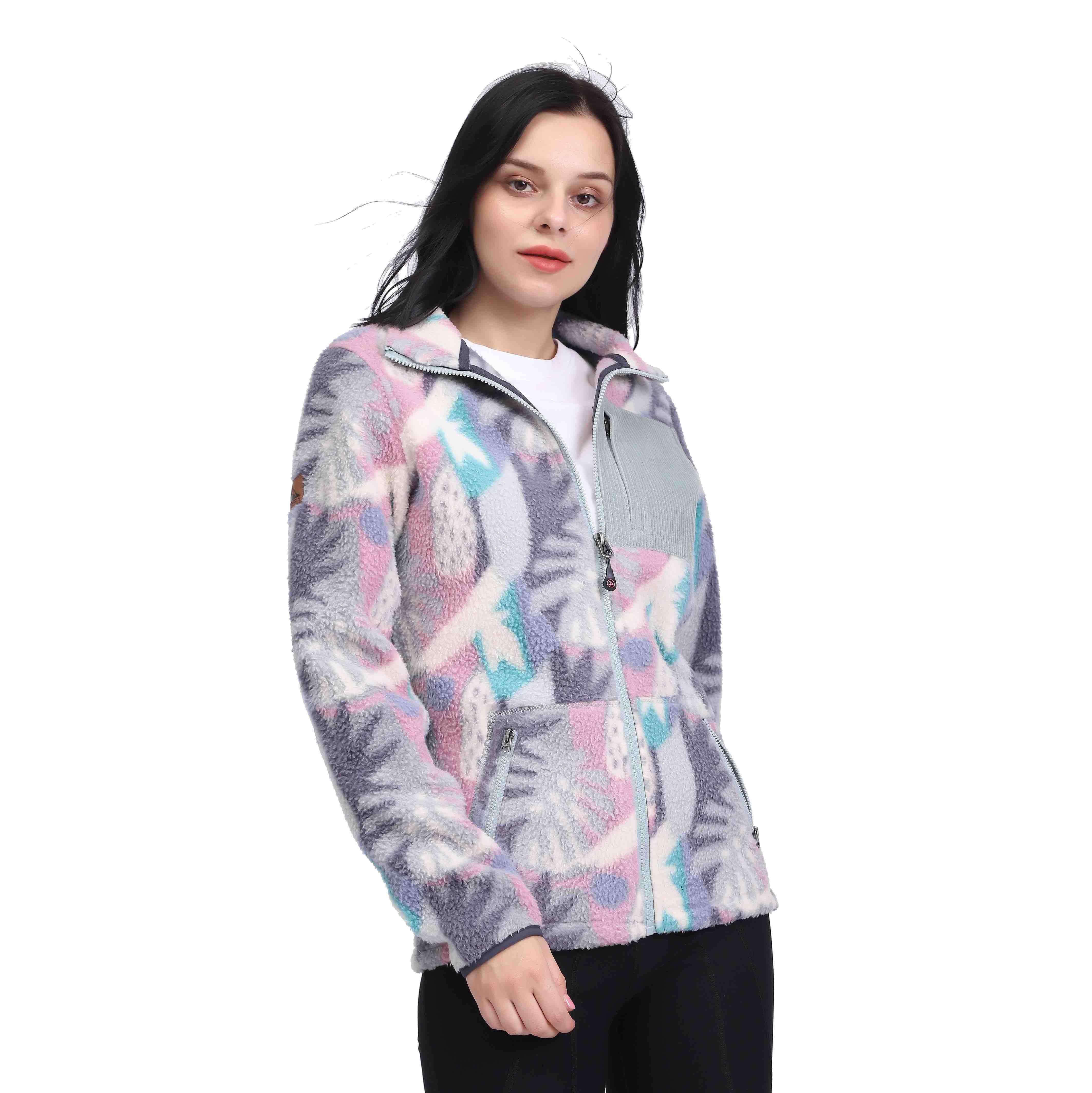 Women Flower Print Sherpa Fleece Corduroy Patch Pocket Jacket