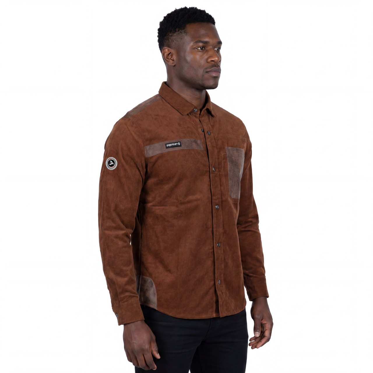 Mens Hiking Camping Cotton Corduroy Shirts Fake Leather Trims Outdoor Tops