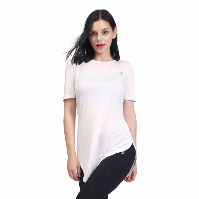 Women White Racer Back Curve Hem Short Sleeve Long Tee Top