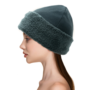 Fuzzy Trimmed & Lined Cable Beanie Women Soft Ribbed Chunky Flecce Lining Hats Girls Winter Warm Cap