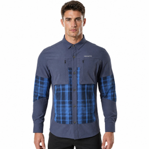 Mens Check Panel Zipper Patch Pockets Hiking Shirts