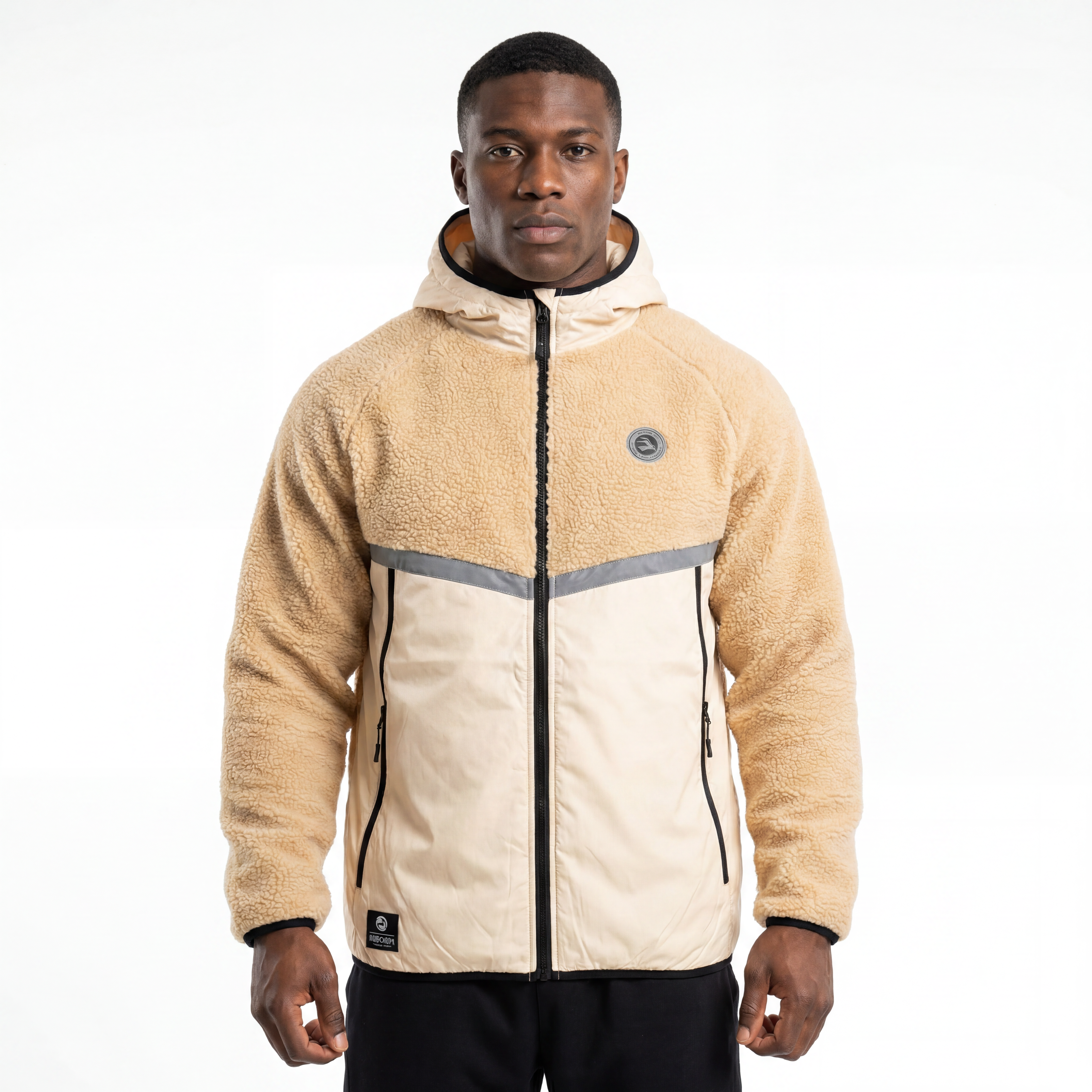 Mens Bonded Sherpa Quilting Panel Reflective Trim Winter Outdoor Hoodie Jacket