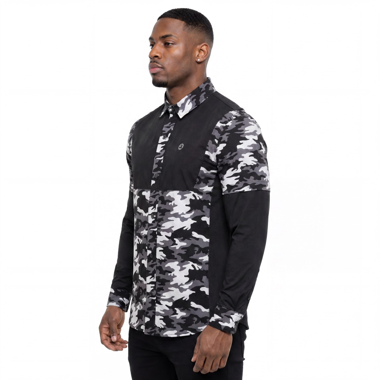 Mens Camouflage Print Color Blocked Laser Holes Yoke Double Sleeve Trekking Shirt