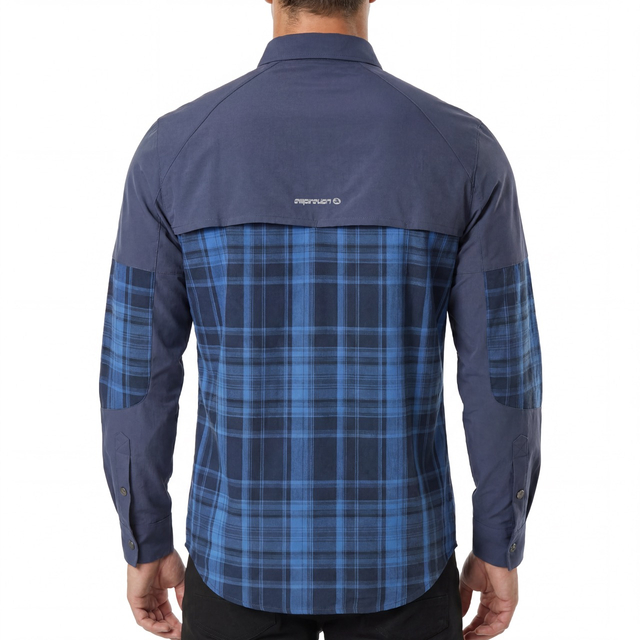 Mens Check Panel Zipper Patch Pockets Hiking Shirts