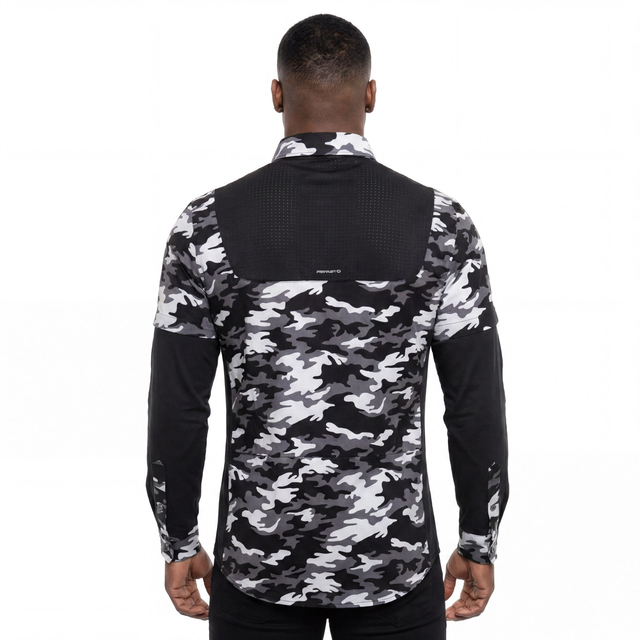 Mens Camouflage Print Color Blocked Laser Holes Yoke Double Sleeve Trekking Shirt