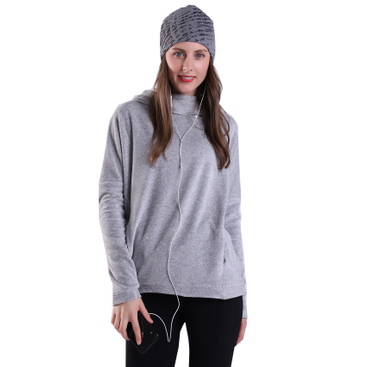 Women's Gray Athletic Pullover Hoodie Performance High Cowl Neck Tech Velour Shirt