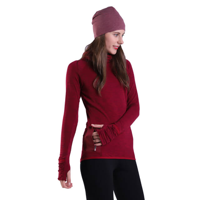 Women's Yoga Pullover Red Thermal Fleece Athletic Long Sleeve Running Top with Thumb Hole Zip Pocket