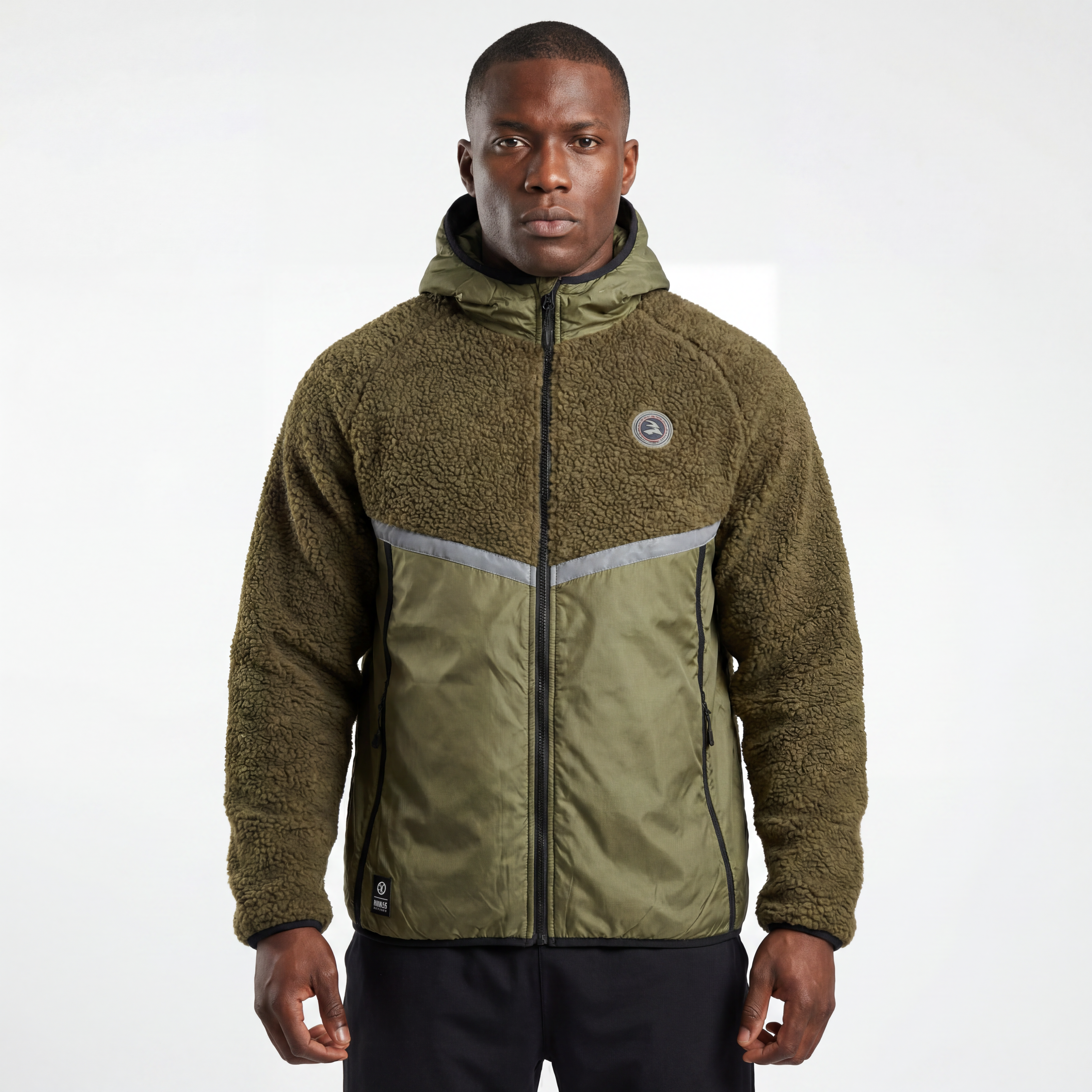 Mens Bonded Sherpa Quilting Panel Reflective Trim Winter Outdoor Hoodie Jacket