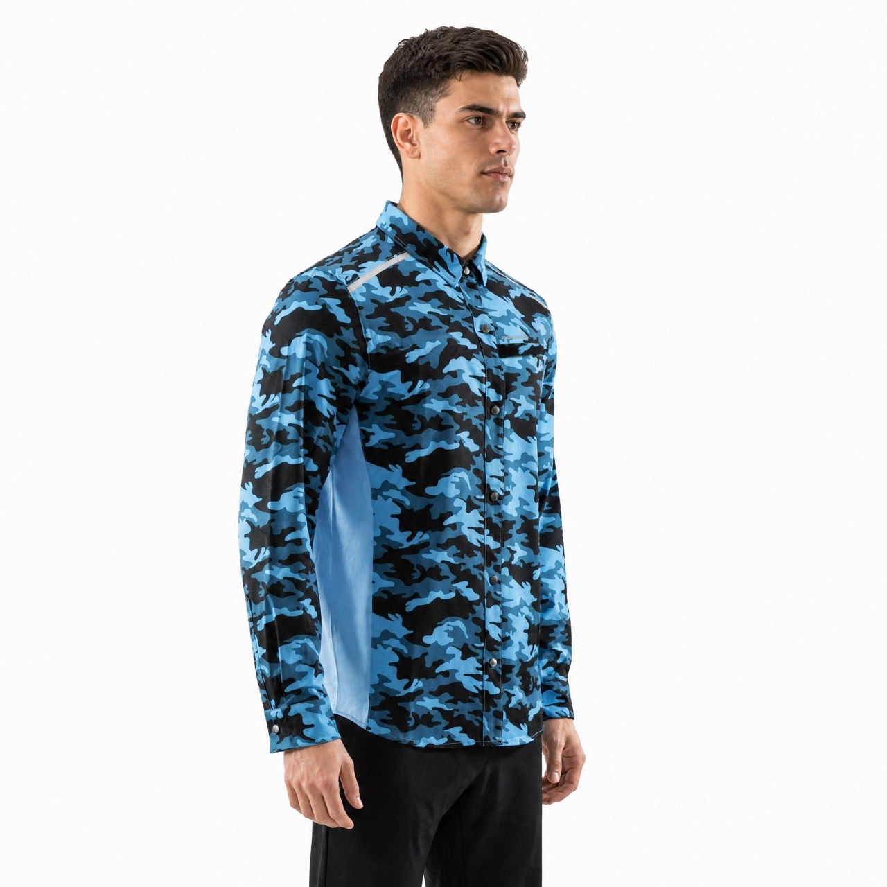 Mens Camouflage Print Color Blocked Zipper Pocket Hiking Shirt