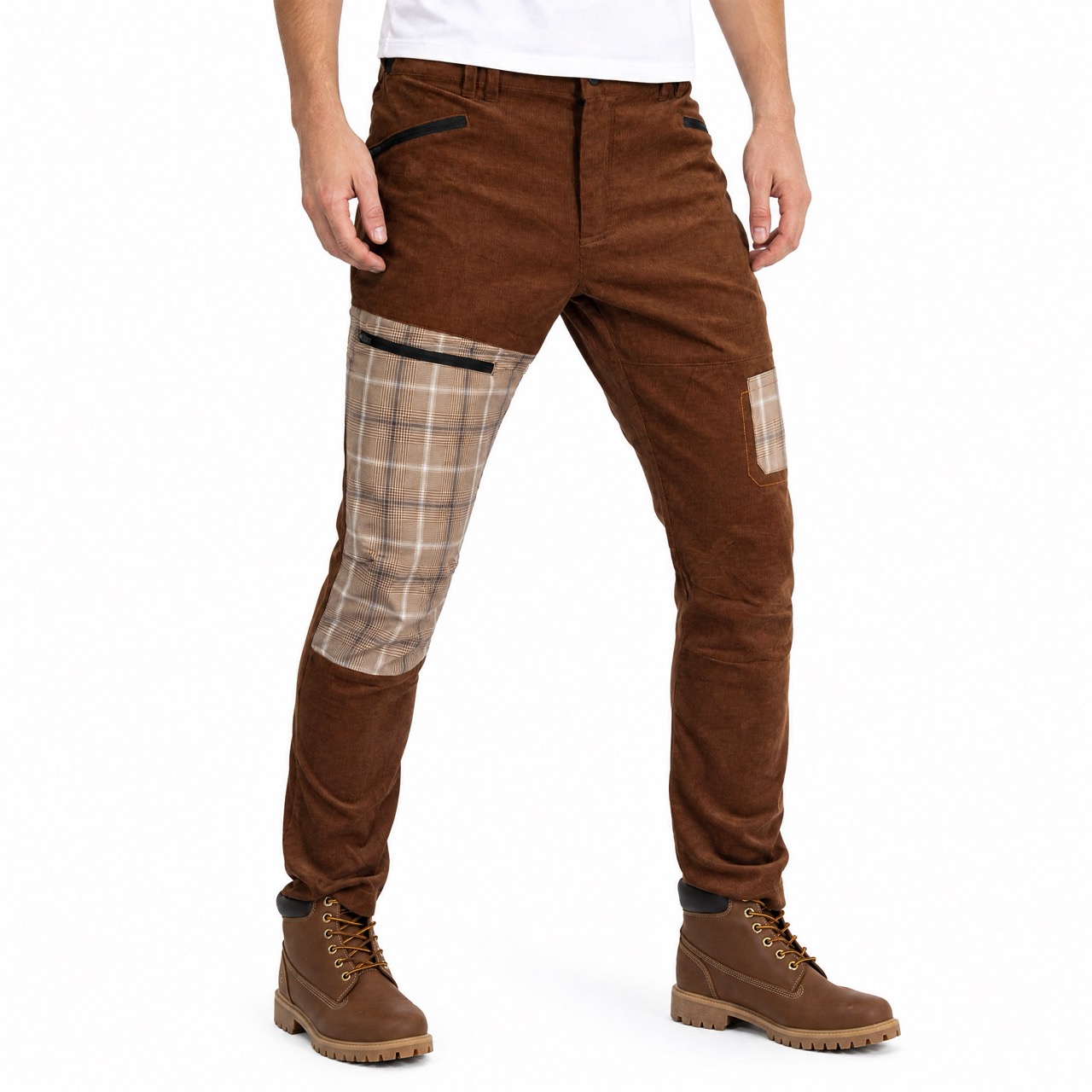 Mens Corduroy Check Panels Hiking Pant Trekking Trousers