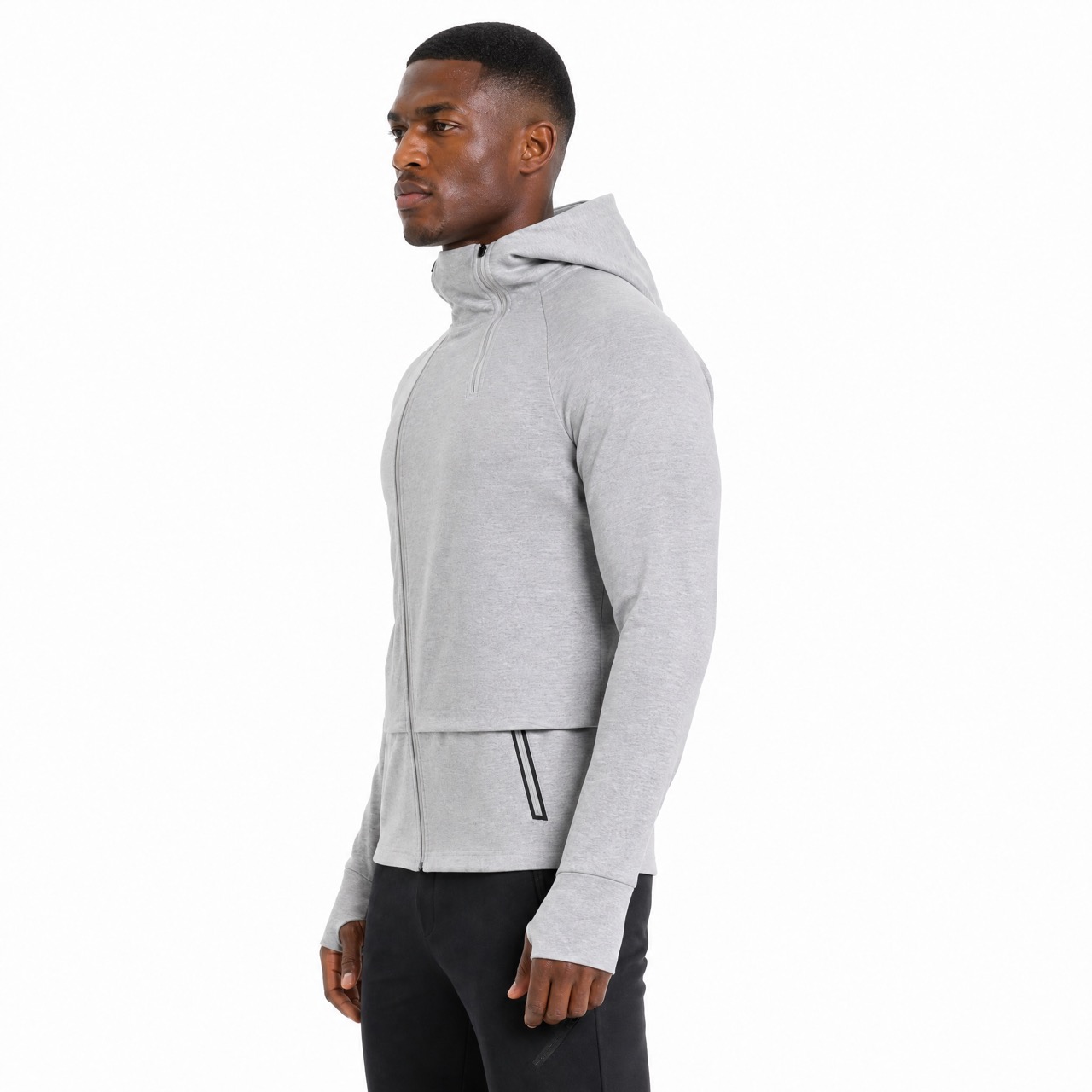 Mens Running Diagonal Placket High Collar Double Zip Raglan Sleeves Hoodie Jacket